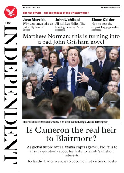The Independent Newspaper Front Page (UK) for 6 April 2016