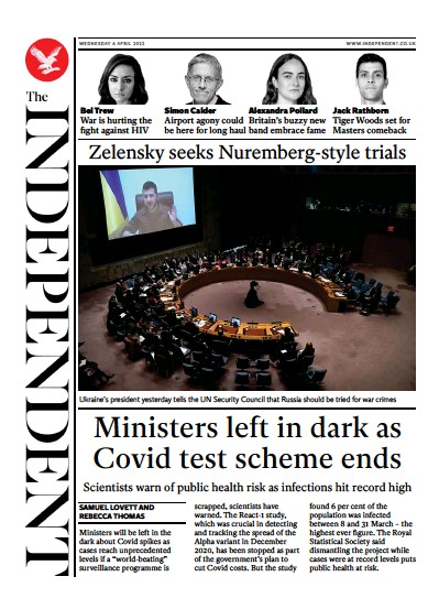 The Independent Newspaper Front Page (UK) for 6 April 2022
