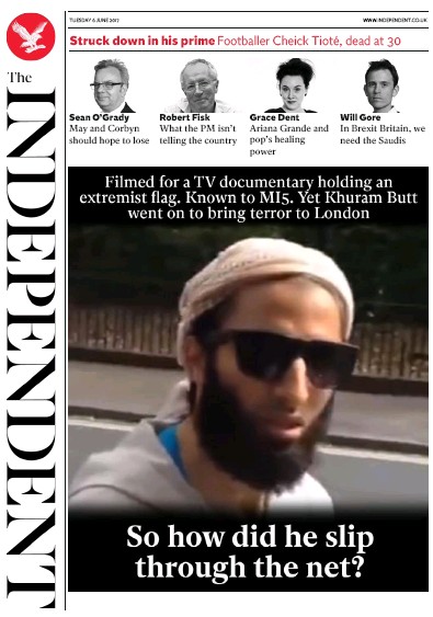The Independent Newspaper Front Page (UK) for 6 June 2017