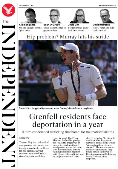 The Independent Newspaper Front Page (UK) for 6 July 2017