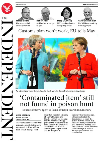 The Independent Newspaper Front Page (UK) for 6 July 2018