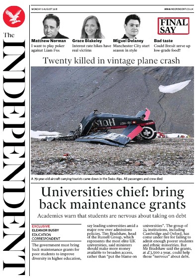 The Independent Newspaper Front Page (UK) for 6 August 2018