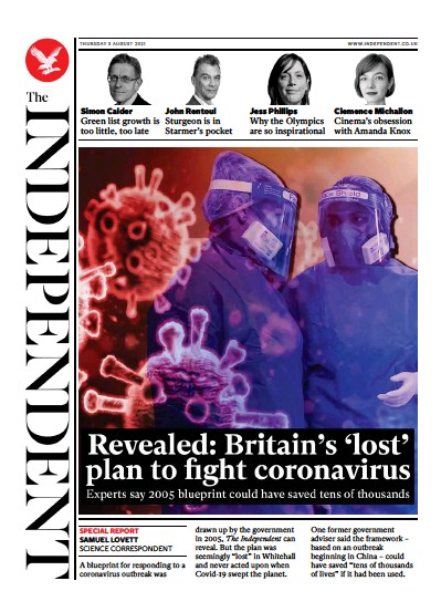 The Independent Newspaper Front Page (UK) for 6 August 2021