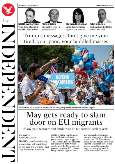 The Independent Newspaper Front Page (UK) for 6 September 2017
