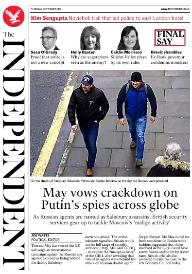 The Independent Newspaper Front Page (UK) for 6 September 2018