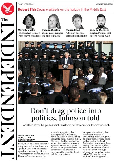 The Independent Newspaper Front Page (UK) for 6 September 2019