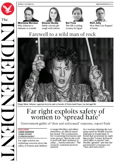 The Independent Newspaper Front Page (UK) for 7 October 2019