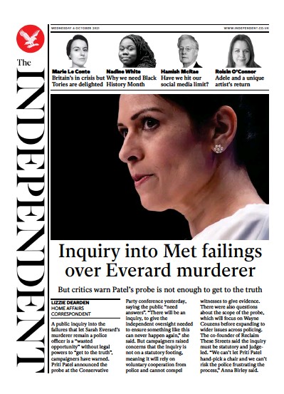 The Independent Newspaper Front Page (UK) for 7 October 2021