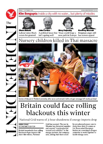 The Independent Newspaper Front Page (UK) for 7 October 2022