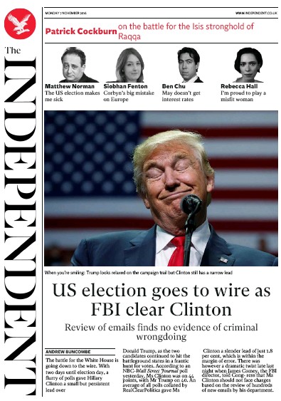 The Independent Newspaper Front Page (UK) for 7 November 2016