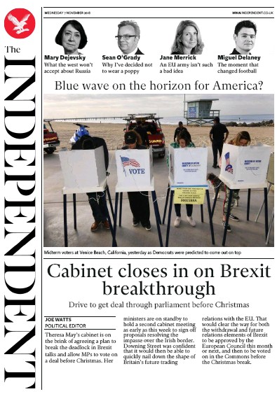 The Independent Newspaper Front Page (UK) for 7 November 2018
