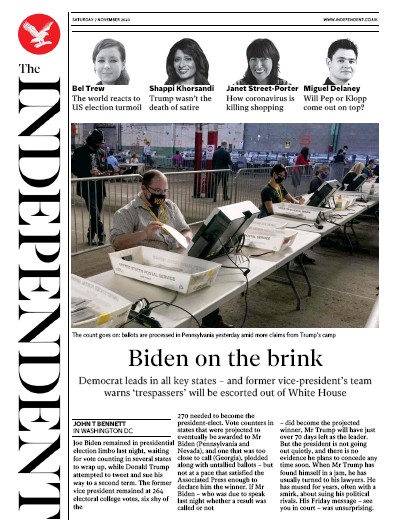 The Independent Newspaper Front Page (UK) for 7 November 2020