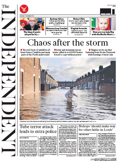 The Independent Newspaper Front Page (UK) for 7 December 2015
