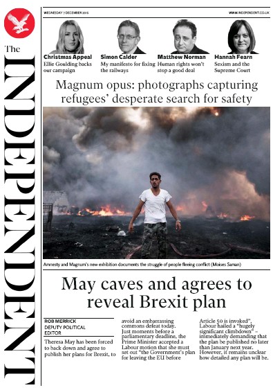 The Independent Newspaper Front Page (UK) for 7 December 2016