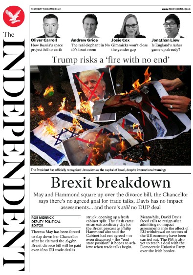 The Independent Newspaper Front Page (UK) for 7 December 2017