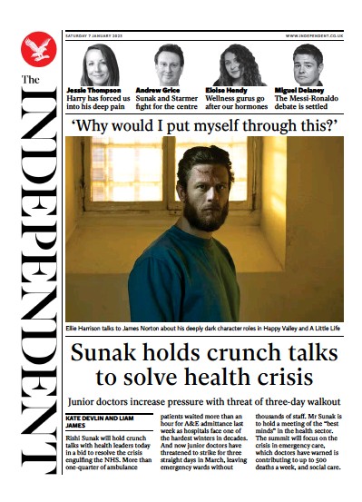 The Independent Newspaper Front Page (UK) for 7 January 2023