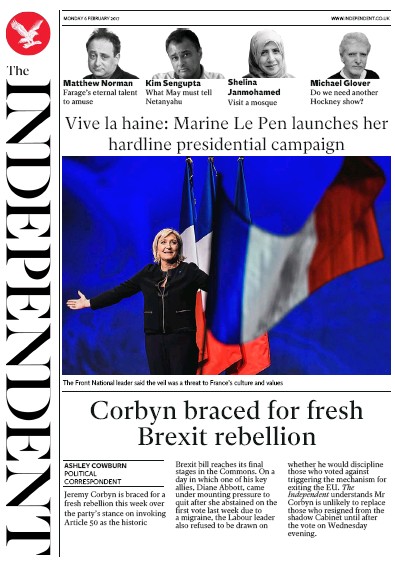 The Independent Newspaper Front Page (UK) for 7 February 2017