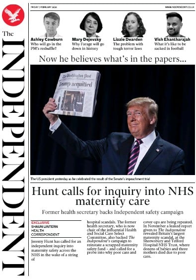 The Independent Newspaper Front Page (UK) for 7 February 2020