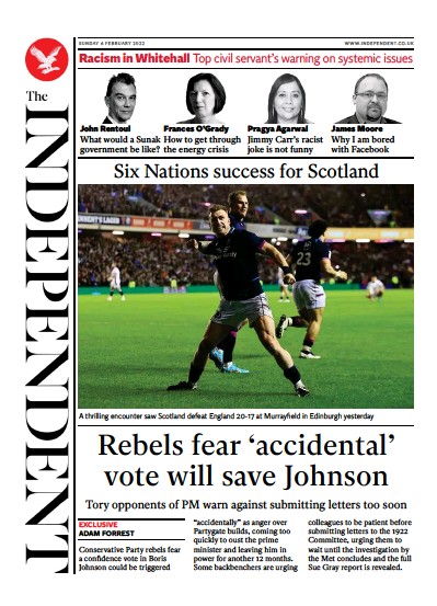 The Independent Newspaper Front Page (UK) for 7 February 2022
