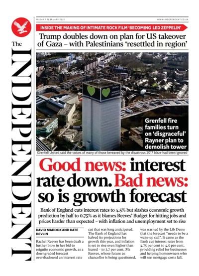 The Independent Newspaper Front Page (UK) for 7 February 2025