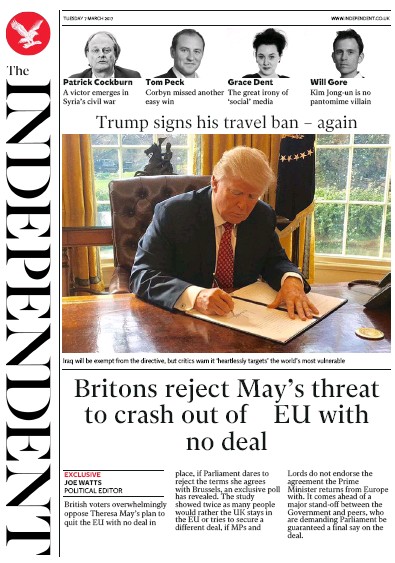 The Independent Newspaper Front Page (UK) for 7 March 2017