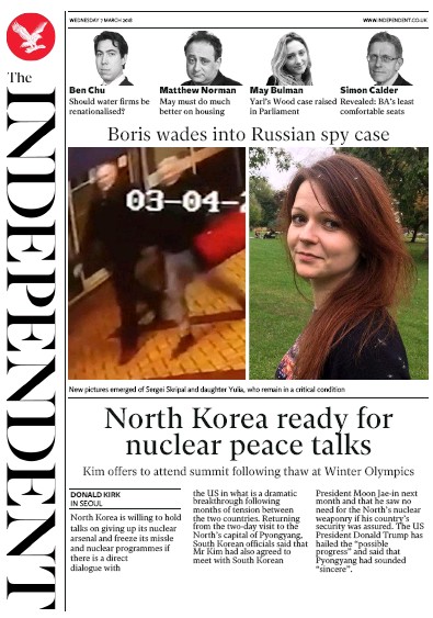 The Independent Newspaper Front Page (UK) for 7 March 2018