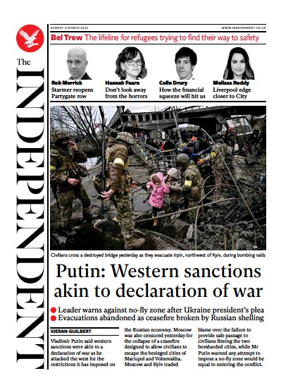 The Independent Newspaper Front Page (UK) for 7 March 2022