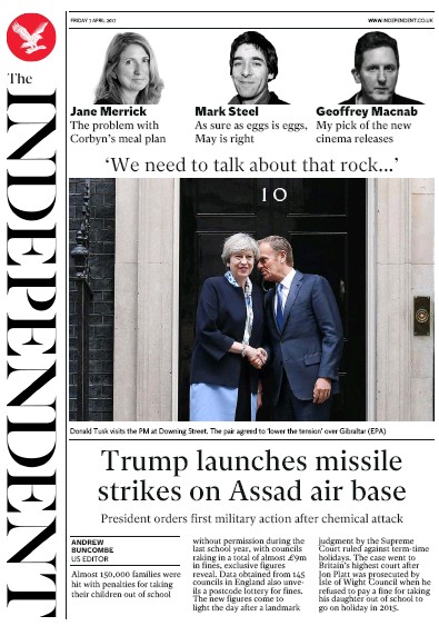 The Independent Newspaper Front Page (UK) for 7 April 2017