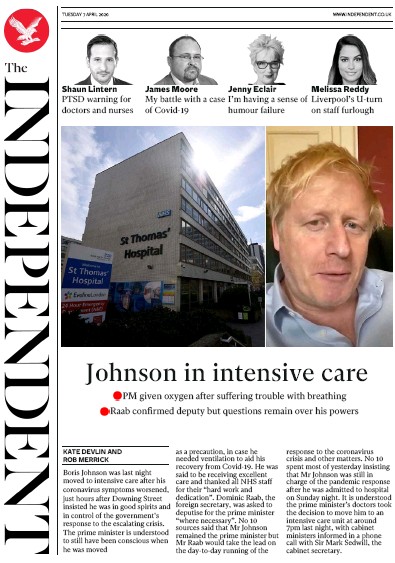 The Independent Newspaper Front Page (UK) for 7 April 2020