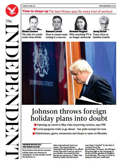 The Independent Newspaper Front Page (UK) for 7 April 2021