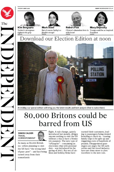 The Independent Newspaper Front Page (UK) for 7 May 2016