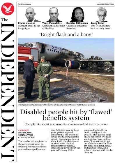 The Independent Newspaper Front Page (UK) for 7 May 2019