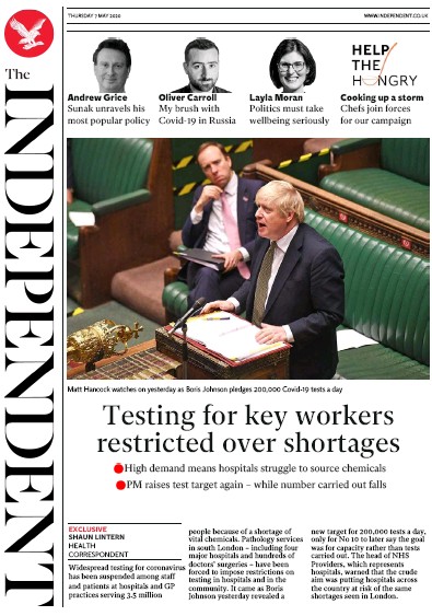 The Independent Newspaper Front Page (UK) for 7 May 2020