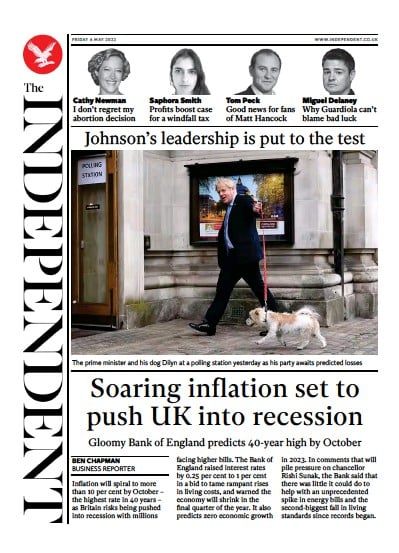 The Independent Newspaper Front Page (UK) for 7 May 2022