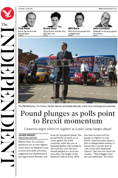 The Independent Newspaper Front Page (UK) for 7 June 2016