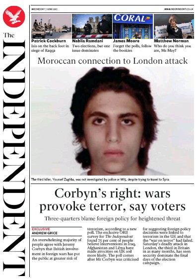 The Independent Newspaper Front Page (UK) for 7 June 2017