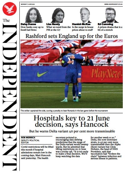 The Independent Newspaper Front Page (UK) for 7 June 2021