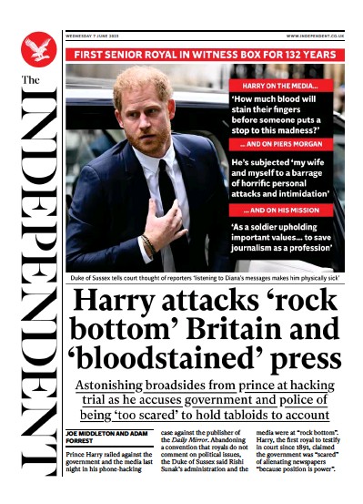 The Independent Newspaper Front Page (UK) for 7 June 2023