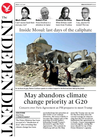 The Independent Newspaper Front Page (UK) for 7 July 2017