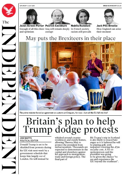 The Independent Newspaper Front Page (UK) for 7 July 2018