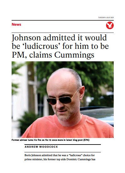 The Independent Newspaper Front Page (UK) for 7 July 2021
