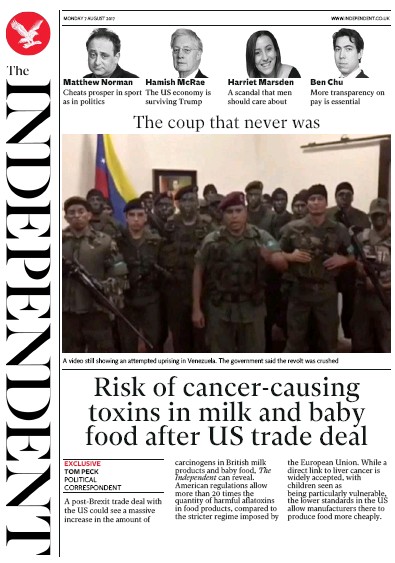 The Independent Newspaper Front Page (UK) for 7 August 2017