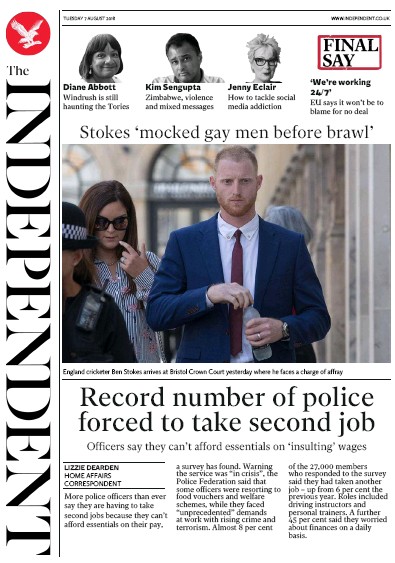The Independent Newspaper Front Page (UK) for 7 August 2018