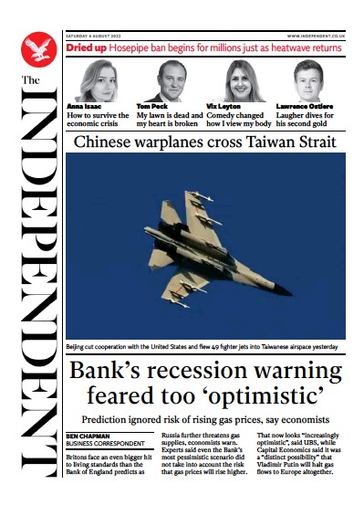 The Independent Newspaper Front Page (UK) for 7 August 2022