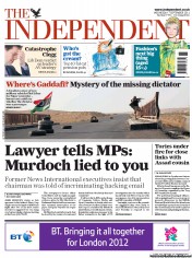 The Independent (UK) Newspaper Front Page for 7 September 2011