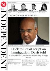 The Independent (UK) Newspaper Front Page for 7 September 2016