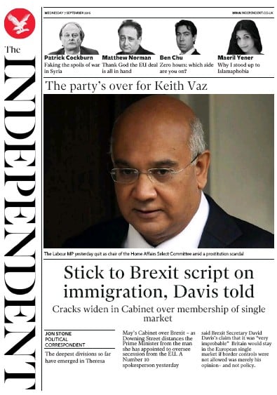 The Independent Newspaper Front Page (UK) for 7 September 2016