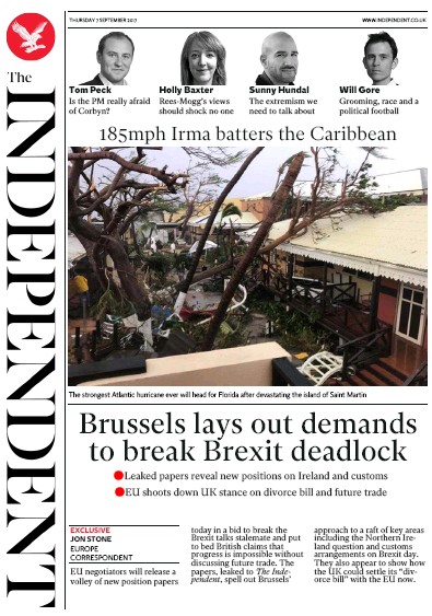 The Independent Newspaper Front Page (UK) for 7 September 2017