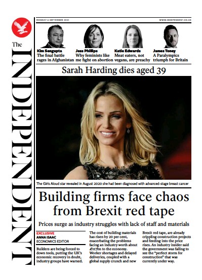 The Independent Newspaper Front Page (UK) for 7 September 2021