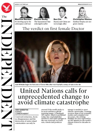 The Independent Newspaper Front Page (UK) for 8 October 2018